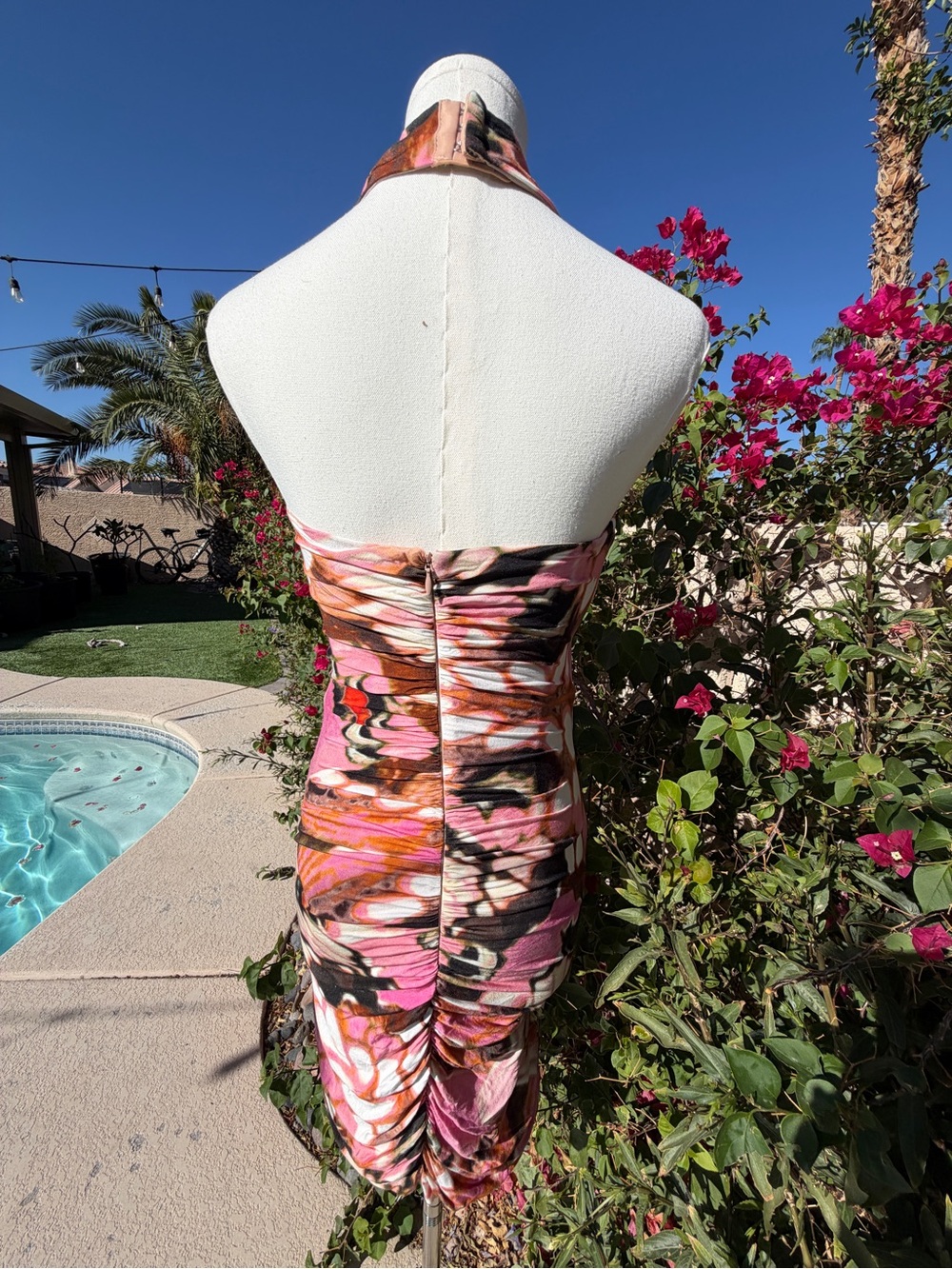 Pink Floral Ruched Halter Dress - Picture 3 of 4